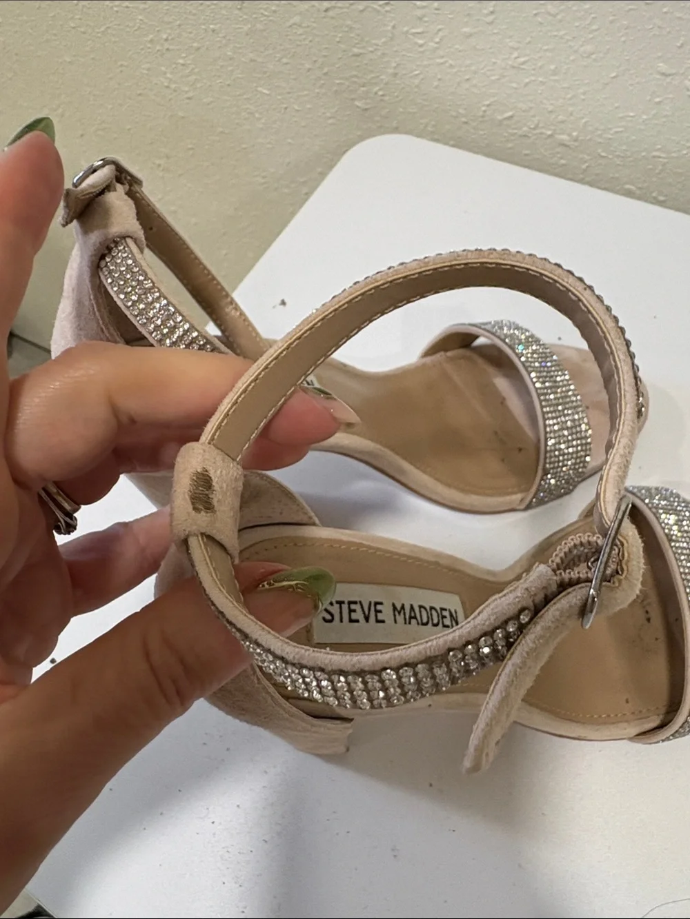 Steve Madden Blush Pink Suede Crystal Strap Block Heels